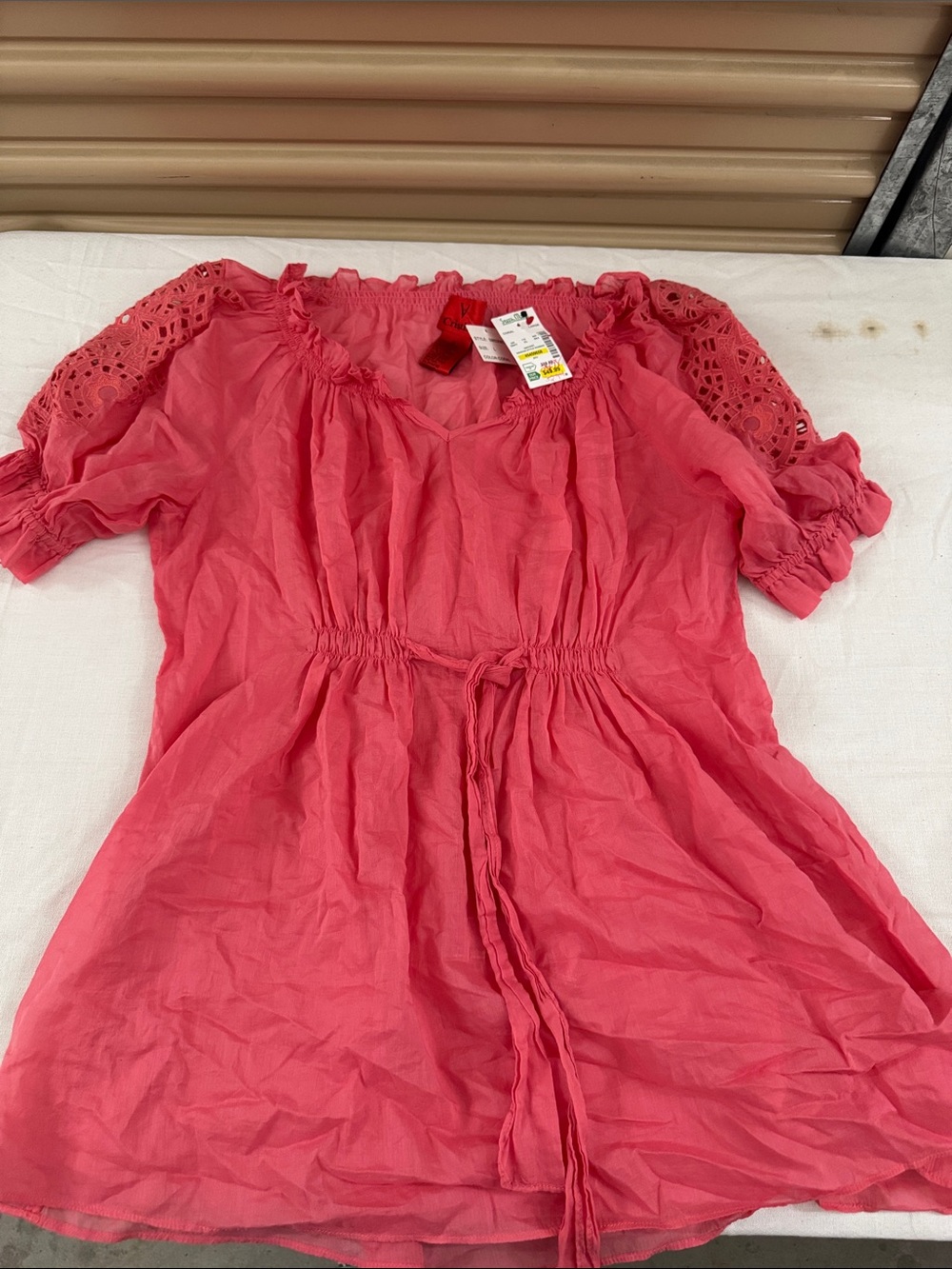 V Cristina Coral Pink Eyelet Sleeve Tie-Front Blouse